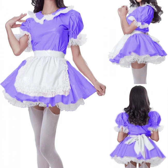 Patent PVC Sweet Kawaii Maid Dress for Crossdresser Sissy Servant Cosplay Uniform A-line Pleated Mini Dress with Apron S-7XL