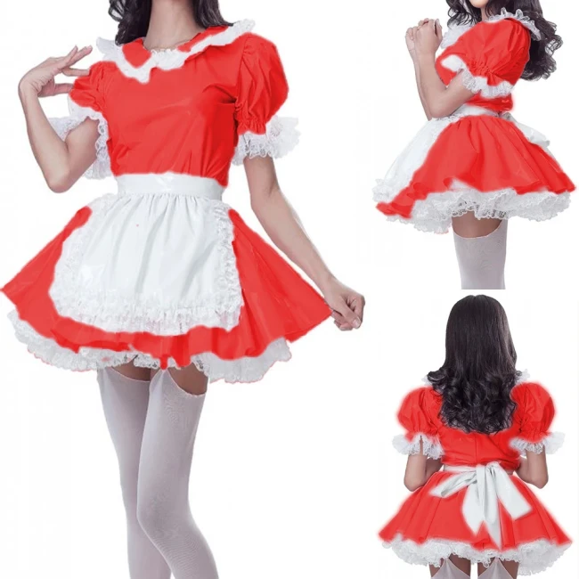 Patent PVC Sweet Kawaii Maid Dress for Crossdresser Sissy Servant Cosplay Uniform A-line Pleated Mini Dress with Apron S-7XL