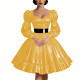 Sweetheart Neck Puff Sleeve PVC Shiny Dresses Wetlook Ruffled Hem Knee-length Dresses Perfect for Cosplay Raves Parties Vestidos