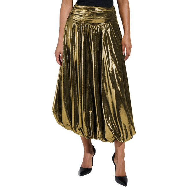 Nightclub Shine Metallic Long Bubble Skirts High Waist Pleated Party Swing Midi Skirts for Women Liquid Metallic Ladies Clubwear