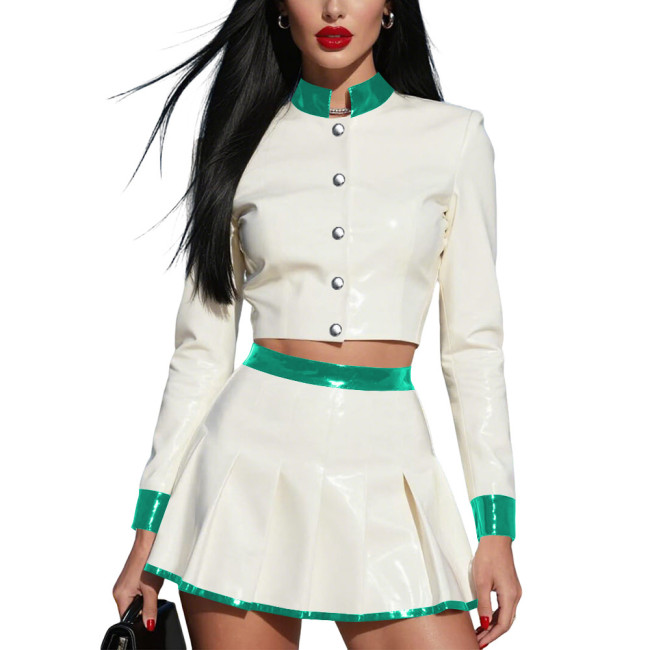 Fashion Collision Color Crop Jacket Skirts Suit Womens Long Sleeve Coat Mini Pleated Skirt Plus Size Shiny PVC Two-piece Set