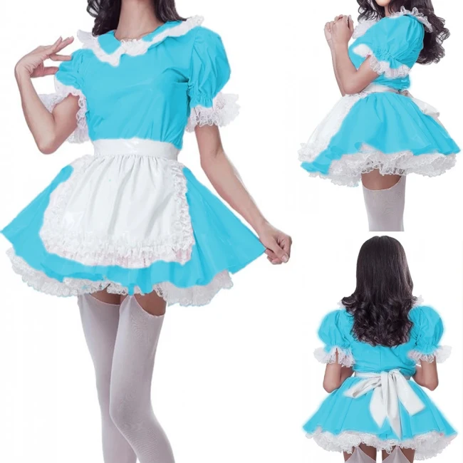 Patent PVC Sweet Kawaii Maid Dress for Crossdresser Sissy Servant Cosplay Uniform A-line Pleated Mini Dress with Apron S-7XL