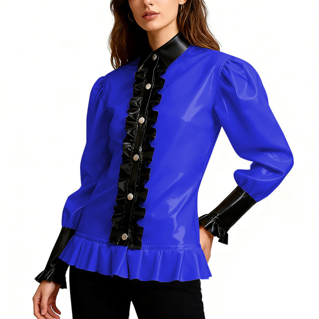 Shiny PVC Leather Party Blouse Vintage Gothic Ruffle Trim Shirt Puff Sleeve Streetwear Cosplay Top Wetlook Vinyl Maid Clubwear