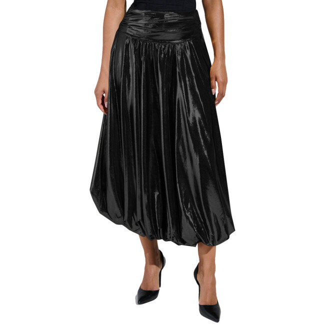 Nightclub Shine Metallic Long Bubble Skirts High Waist Pleated Party Swing Midi Skirts for Women Liquid Metallic Ladies Clubwear