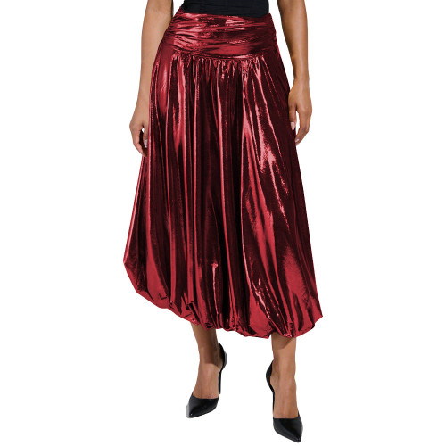 Nightclub Shine Metallic Long Bubble Skirts High Waist Pleated Party Swing Midi Skirts for Women Liquid Metallic Ladies Clubwear