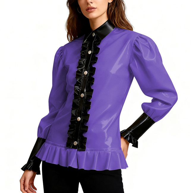 Shiny PVC Leather Party Blouse Vintage Gothic Ruffle Trim Shirt Puff Sleeve Streetwear Cosplay Top Wetlook Vinyl Maid Clubwear