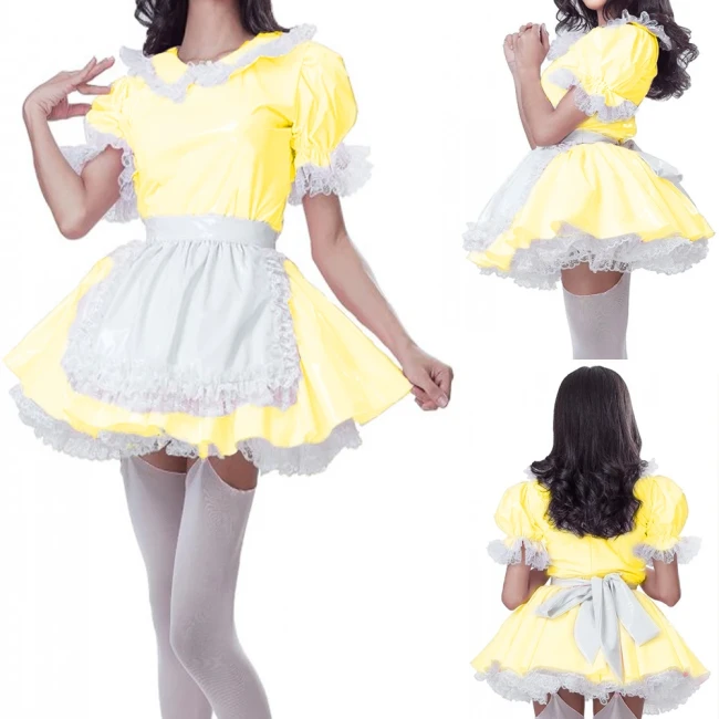 Patent PVC Sweet Kawaii Maid Dress for Crossdresser Sissy Servant Cosplay Uniform A-line Pleated Mini Dress with Apron S-7XL