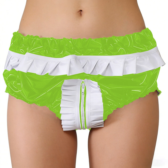 Party Elastic Waist Cute Cosplay Booty Shorts Zipper Open Crotch PVC Shiny Ruffle Panties Cross-dresser Underpant Brief Bottoms