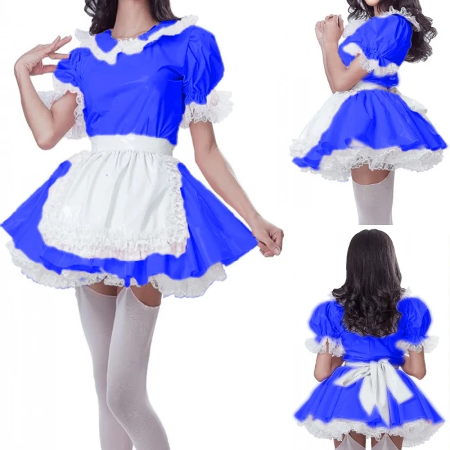 Patent PVC Sweet Kawaii Maid Dress for Crossdresser Sissy Servant Cosplay Uniform A-line Pleated Mini Dress with Apron S-7XL
