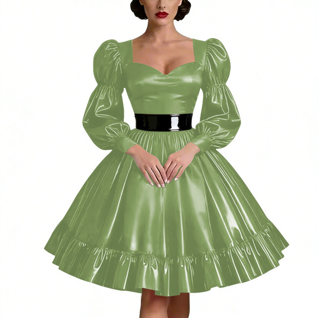 Sweetheart Neck Puff Sleeve PVC Shiny Dresses Wetlook Ruffled Hem Knee-length Dresses Perfect for Cosplay Raves Parties Vestidos