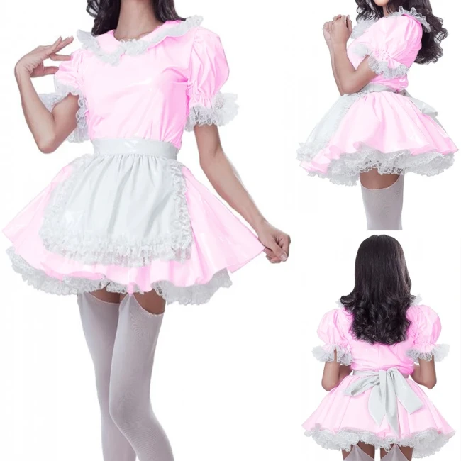 Patent PVC Sweet Kawaii Maid Dress for Crossdresser Sissy Servant Cosplay Uniform A-line Pleated Mini Dress with Apron S-7XL