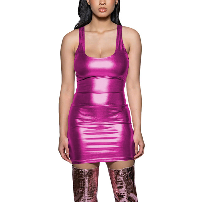 Plus Size Sexy Bright Metallic Sundress Ladies Sleeveless U-neck Mini Dress Hottie Tight Fashion Nightclub Tank Dress Streetwear