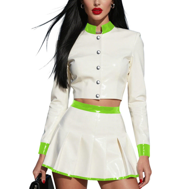 Fashion Collision Color Crop Jacket Skirts Suit Womens Long Sleeve Coat Mini Pleated Skirt Plus Size Shiny PVC Two-piece Set
