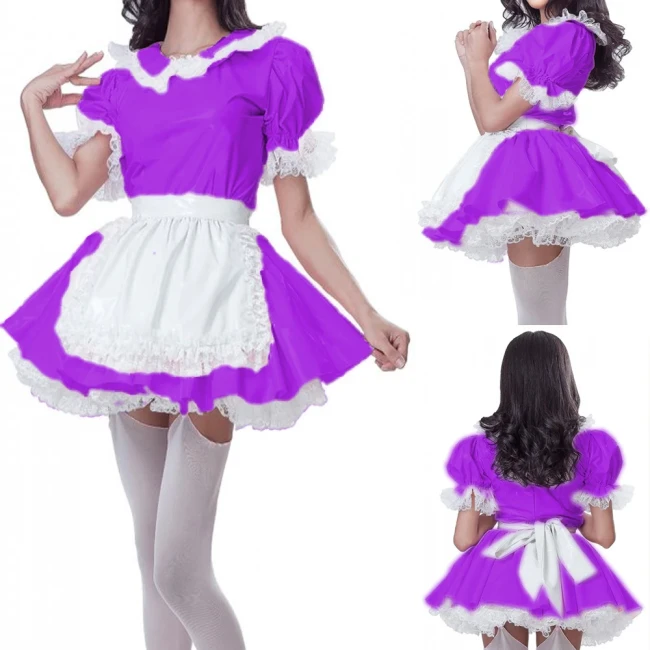 Patent PVC Sweet Kawaii Maid Dress for Crossdresser Sissy Servant Cosplay Uniform A-line Pleated Mini Dress with Apron S-7XL