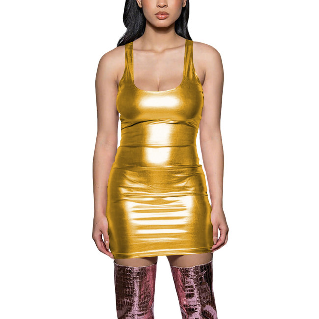 Plus Size Sexy Bright Metallic Sundress Ladies Sleeveless U-neck Mini Dress Hottie Tight Fashion Nightclub Tank Dress Streetwear