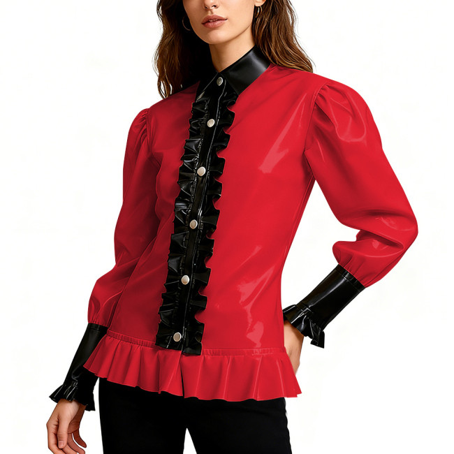 Shiny PVC Leather Party Blouse Vintage Gothic Ruffle Trim Shirt Puff Sleeve Streetwear Cosplay Top Wetlook Vinyl Maid Clubwear