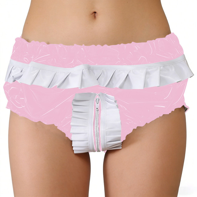 Party Elastic Waist Cute Cosplay Booty Shorts Zipper Open Crotch PVC Shiny Ruffle Panties Cross-dresser Underpant Brief Bottoms