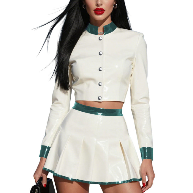 Fashion Collision Color Crop Jacket Skirts Suit Womens Long Sleeve Coat Mini Pleated Skirt Plus Size Shiny PVC Two-piece Set