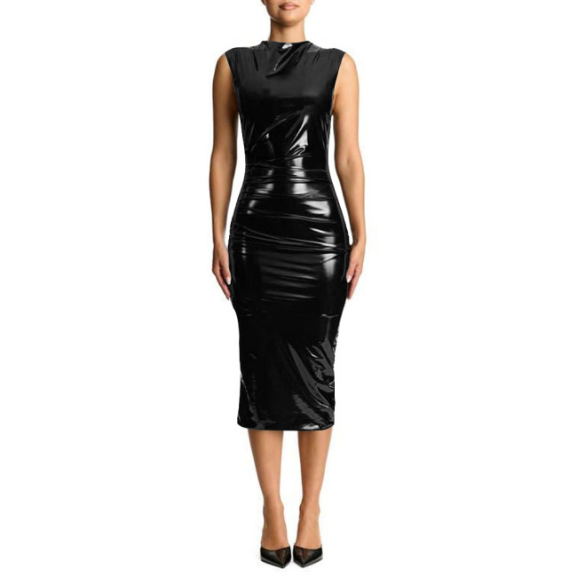 Plus Size Sleeveless Shiny PVC Leather Midi Dress Wet Look Stretch PU Slim Pencil Dresses Tights Package Hip Sexy Club Vestidos