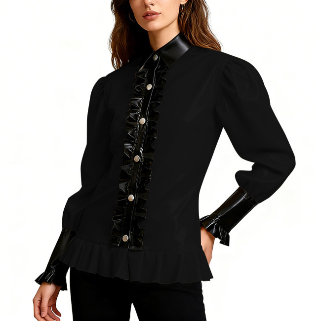 Shiny PVC Leather Party Blouse Vintage Gothic Ruffle Trim Shirt Puff Sleeve Streetwear Cosplay Top Wetlook Vinyl Maid Clubwear