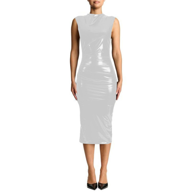 Plus Size Sleeveless Shiny PVC Leather Midi Dress Wet Look Stretch PU Slim Pencil Dresses Tights Package Hip Sexy Club Vestidos