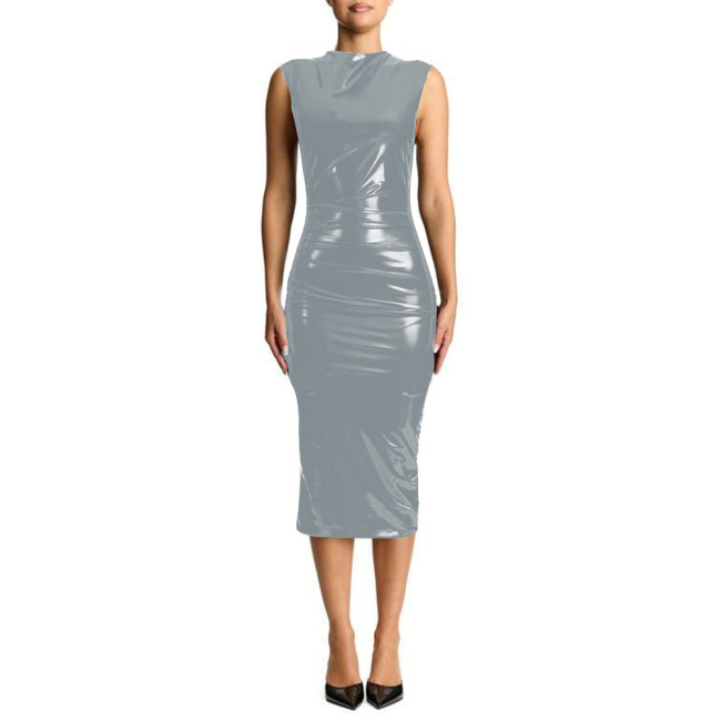 Plus Size Sleeveless Shiny PVC Leather Midi Dress Wet Look Stretch PU Slim Pencil Dresses Tights Package Hip Sexy Club Vestidos