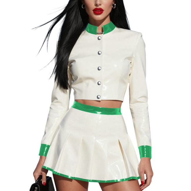 Fashion Collision Color Crop Jacket Skirts Suit Womens Long Sleeve Coat Mini Pleated Skirt Plus Size Shiny PVC Two-piece Set