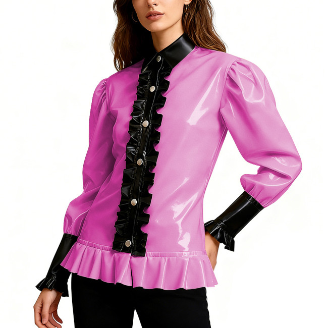 Shiny PVC Leather Party Blouse Vintage Gothic Ruffle Trim Shirt Puff Sleeve Streetwear Cosplay Top Wetlook Vinyl Maid Clubwear