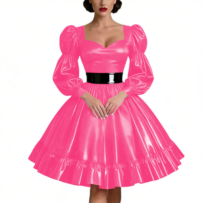 Sweetheart Neck Puff Sleeve PVC Shiny Dresses Wetlook Ruffled Hem Knee-length Dresses Perfect for Cosplay Raves Parties Vestidos