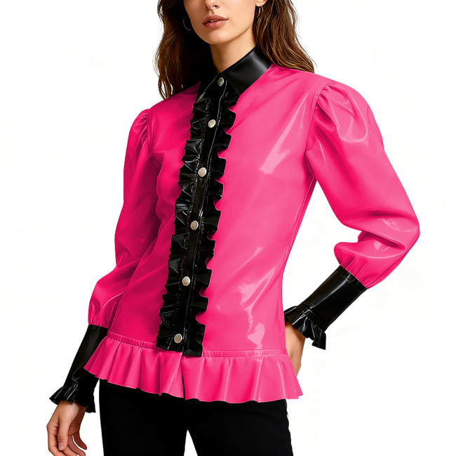 Shiny PVC Leather Party Blouse Vintage Gothic Ruffle Trim Shirt Puff Sleeve Streetwear Cosplay Top Wetlook Vinyl Maid Clubwear