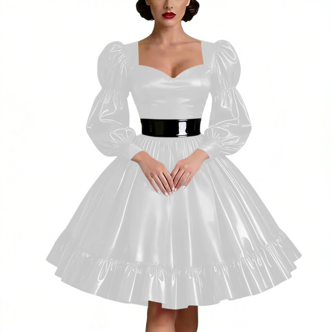 Sweetheart Neck Puff Sleeve PVC Shiny Dresses Wetlook Ruffled Hem Knee-length Dresses Perfect for Cosplay Raves Parties Vestidos