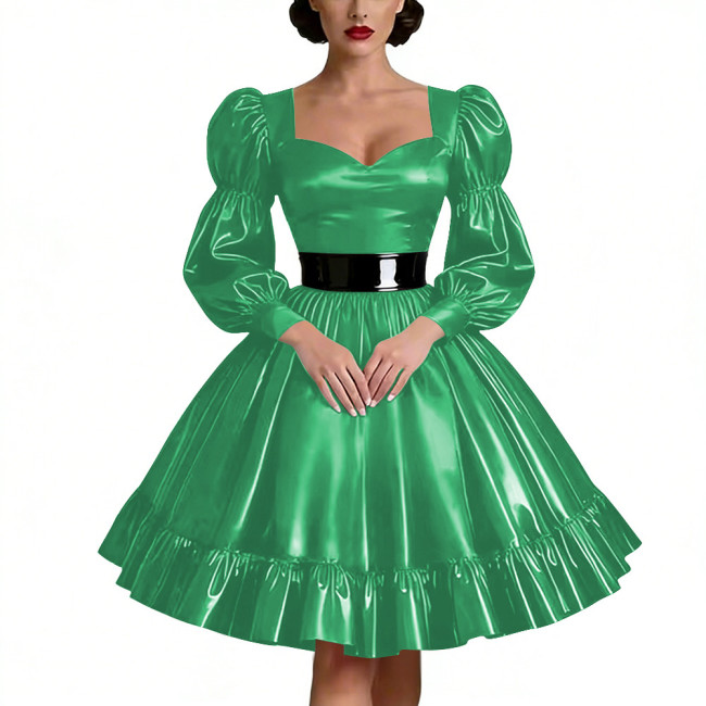 Sweetheart Neck Puff Sleeve PVC Shiny Dresses Wetlook Ruffled Hem Knee-length Dresses Perfect for Cosplay Raves Parties Vestidos