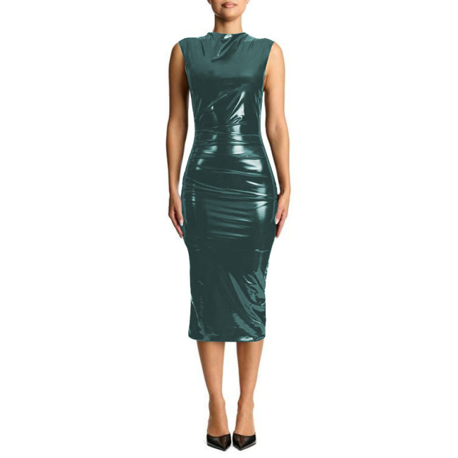 Plus Size Sleeveless Shiny PVC Leather Midi Dress Wet Look Stretch PU Slim Pencil Dresses Tights Package Hip Sexy Club Vestidos