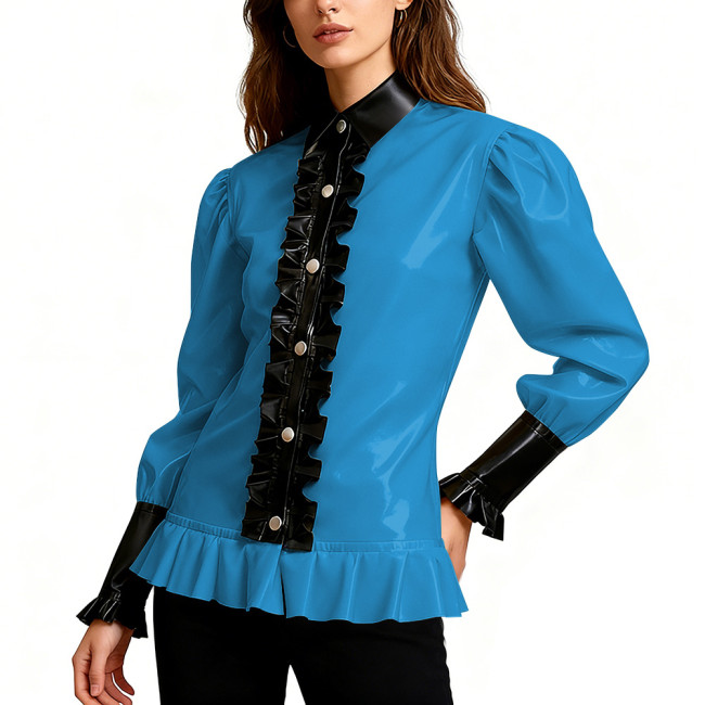 Shiny PVC Leather Party Blouse Vintage Gothic Ruffle Trim Shirt Puff Sleeve Streetwear Cosplay Top Wetlook Vinyl Maid Clubwear