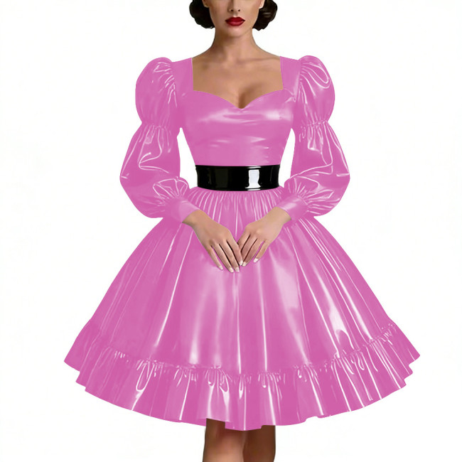 Sweetheart Neck Puff Sleeve PVC Shiny Dresses Wetlook Ruffled Hem Knee-length Dresses Perfect for Cosplay Raves Parties Vestidos
