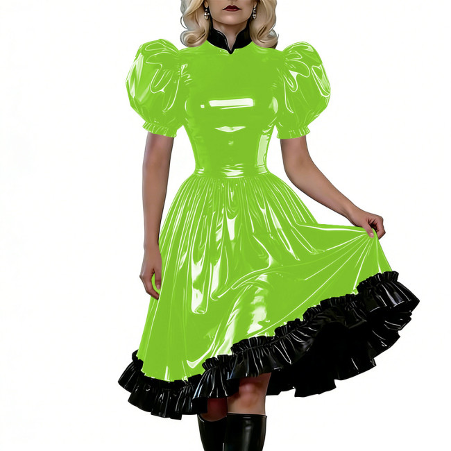 Puff Sleeves Gothic PVC Shiny Lolita Dresses High Waist Ruffled Hem Vintage Knee-length Dress Themed Party Cosplay Maid Outfits