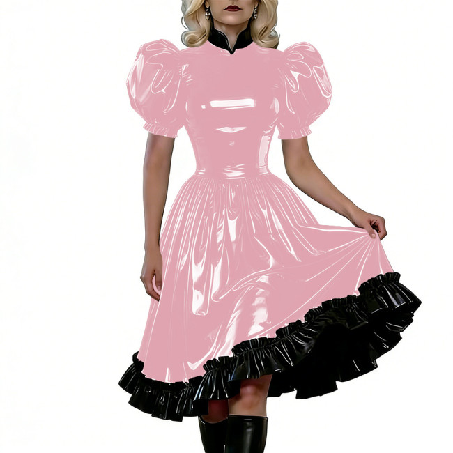 Puff Sleeves Gothic PVC Shiny Lolita Dresses High Waist Ruffled Hem Vintage Knee-length Dress Themed Party Cosplay Maid Outfits