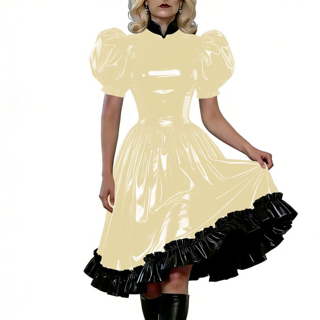 Puff Sleeves Gothic PVC Shiny Lolita Dresses High Waist Ruffled Hem Vintage Knee-length Dress Themed Party Cosplay Maid Outfits