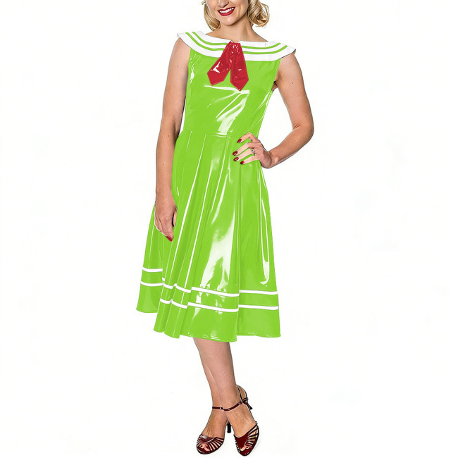 Vintage Sailor Dress for Women Glossy Leather PVC Sleeveless Midi Swing Dress with White Striped Collar Themed Parties Events