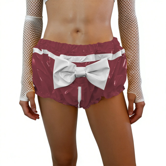 Crossdresser Glossy PVC Leather Bloomers with Bow Sissy Cute Ruffled Puffy Shorts for Halloween Cosplay Themed Party Lingerie