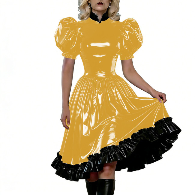 Puff Sleeves Gothic PVC Shiny Lolita Dresses High Waist Ruffled Hem Vintage Knee-length Dress Themed Party Cosplay Maid Outfits