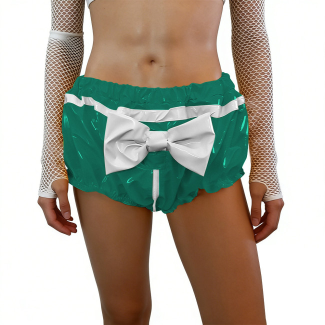 Crossdresser Glossy PVC Leather Bloomers with Bow Sissy Cute Ruffled Puffy Shorts for Halloween Cosplay Themed Party Lingerie