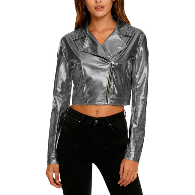 Adult Shiny Metallic Party Biker Jacket Asymmetrical Zipper Lapel Rave Festival Moto Coat Fashion Punk Streetwear Cosplay Top