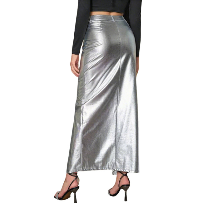 Plus Size Womens Long Pencil Skirts with High Spilt Shiny Metallic Package Hip Trendy Maxi Dresses Elegant Ladies Streetwear 8XL