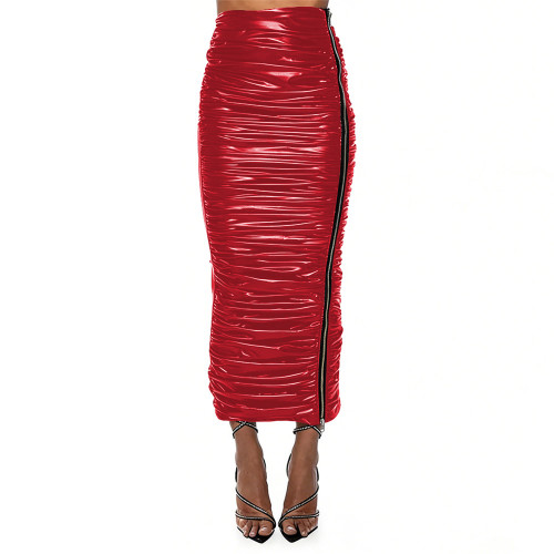 Plus Size Ruched Shiny Metallic Maxi Skirt Womens High Waist Fold Long Pencil Skirts Side Opening Zipper Bodycon Skirts Clubwear