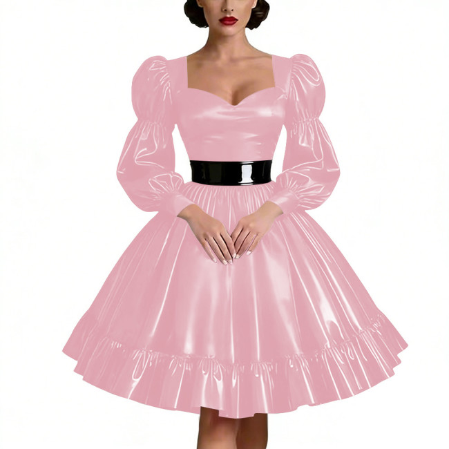 Sweetheart Neck Puff Sleeve PVC Shiny Dresses Wetlook Ruffled Hem Knee-length Dresses Perfect for Cosplay Raves Parties Vestidos