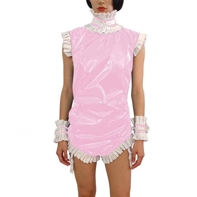Sissy PVC Shiny Maid Outfit Ruffles High Neck Sleeveless Glossy Bodysuit with Wrist Cuffs Party Cosplay Role-Play Gatherings 7XL