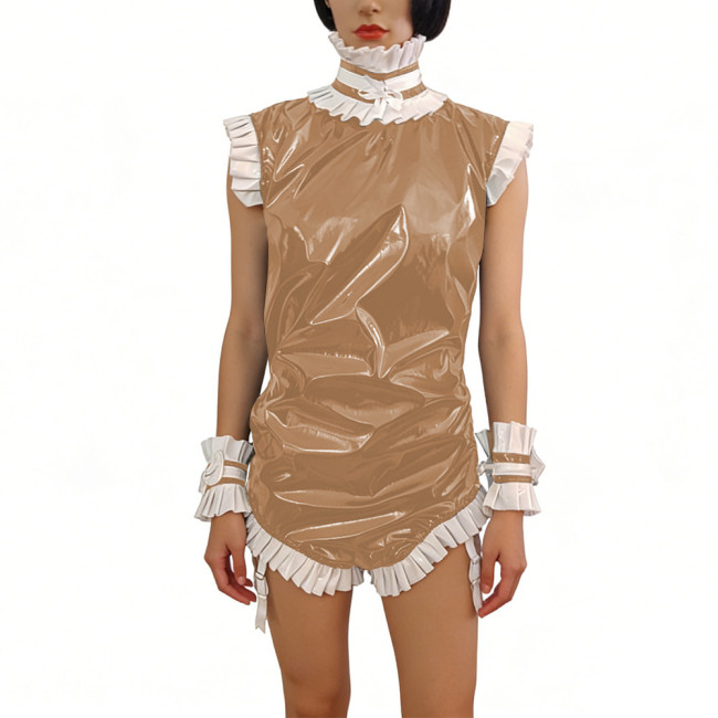 Sissy PVC Shiny Maid Outfit Ruffles High Neck Sleeveless Glossy Bodysuit with Wrist Cuffs Party Cosplay Role-Play Gatherings 7XL