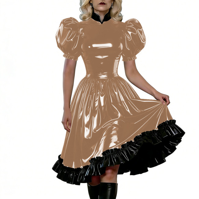 Puff Sleeves Gothic PVC Shiny Lolita Dresses High Waist Ruffled Hem Vintage Knee-length Dress Themed Party Cosplay Maid Outfits