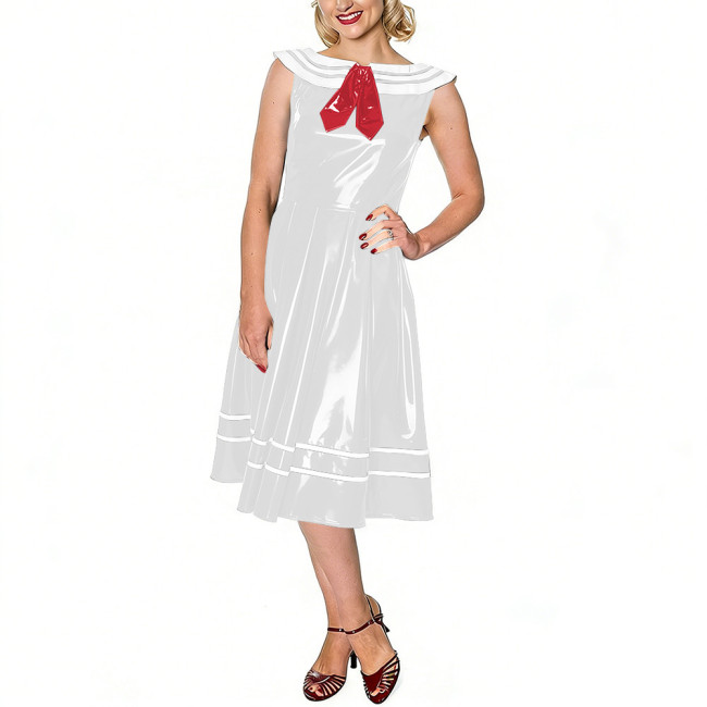 Vintage Sailor Dress for Women Glossy Leather PVC Sleeveless Midi Swing Dress with White Striped Collar Themed Parties Events